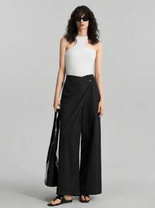 Ontre Pantaloni alla zuava avvolgenti con gamba ampia in tinta unita neri, abbigliamento estivo casual da donna, outfit casual femminili