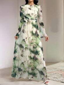 Veilorie Vestido con mangas abullonadas de estampado de tie-dye elegante para mujer