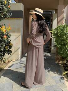 DAZY Elegant Asymmetric Blouse Top & Wide Leg Pants 2 Pieces Set For Women Fall/Winter Lounge Sets For Women - Rust Brown - View 5