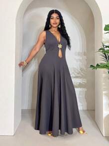 Maweii Damen Große Größen sexy elegantes Pendelkleid mit Metallschnalle und Ausschnitt an der Taille - Grau - Übersicht 3