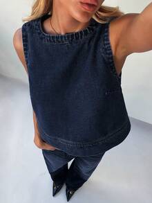 Forever 21 Women Solid Color Crew Neck Sleeveless Denim Top - Medium Wash - View 7