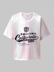 SHEIN Explorewe Camiseta de niña preadolescente con estampado y ribete a rayas con hombros caídos - Rosa - Ver 7