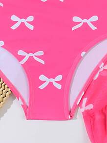 Conjunto informal de 2 piezas de traje de baño de una sola pieza para niña preadolescente con estampado de mariposa conectado con malla - Rosa - Ver 3