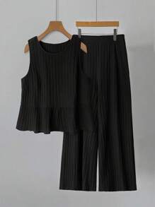 Linhara 2 件套大码女式圆领单排木扣荷叶边下摆上衣和宽松阔腿裤，韩版休闲优雅办公室和度假装，夏季 - 黑色 - 查看 2