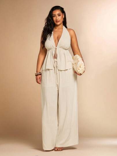 SHEIN BAE Plus Size Women's Summer Solid Color Knot Front Backless Halter Top And Wide Leg Pants Set, Beach/Holiday Suit, 2 Pieces Summer OutfitSummer Outfits For Women,Valentine's Day,Valentine Outfits For Women,Valentine's Day,Valentine Outfits For Women