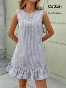 SHEIN LUNE 女式无袖圆领迷你连衣裙，蓝白假日条纹荷叶边下摆 - 藍白色 - 查看 2