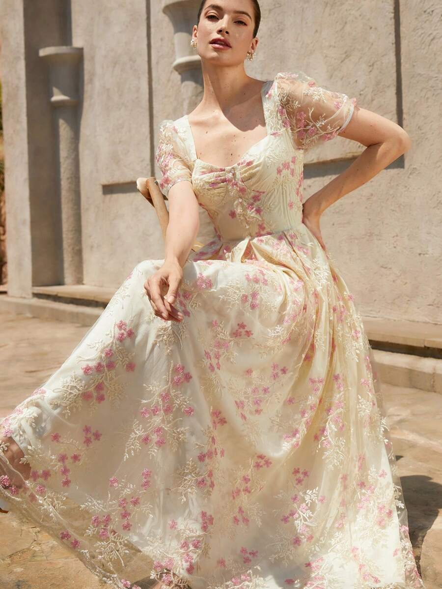 GENKIRA Đầm dài tay bồng thêu hoa nhiều lớp phong cách Pháp lãng mạn thanh lịch, đa năng, cổ vuông, nhiều lớp - Nhiều màu - Xem 1