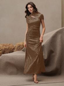 Anewsta Luxuriöses, minimalistisches Design, klassisches schwarzes Kleid mit Strass-Galaxie-Muster, elegantes Frühjahrskleid - Kaffeebraun - Übersicht 5