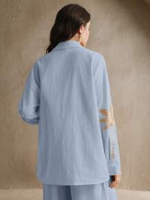 Anewsta Kemeja Lengan Panjang Wanita Motif Aprikot Bordir Tenun, Cocok untuk Pantai dan Liburan. - Baby Blue - View 4