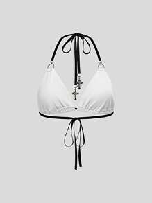 ROMWE Grunge Punk 2000s Y2K Music Festival Grunge Rhinestone Star Detailed Bralette Top, Light Pink - White - View 4