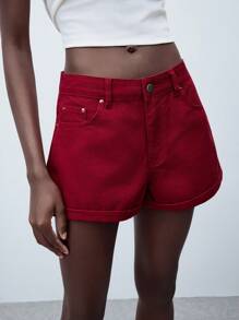 Maija Women's Low-Waist Solid Color Simple Denim Shorts, Business Casual Loose Jeans, Street Y2K Style - Burgundy - View 5