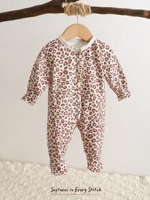 Cozy Pixies Newborn Baby Leopard Print Knitted Soft Crew Neck Long Sleeve Romper Outfit - Multicolor - View 1