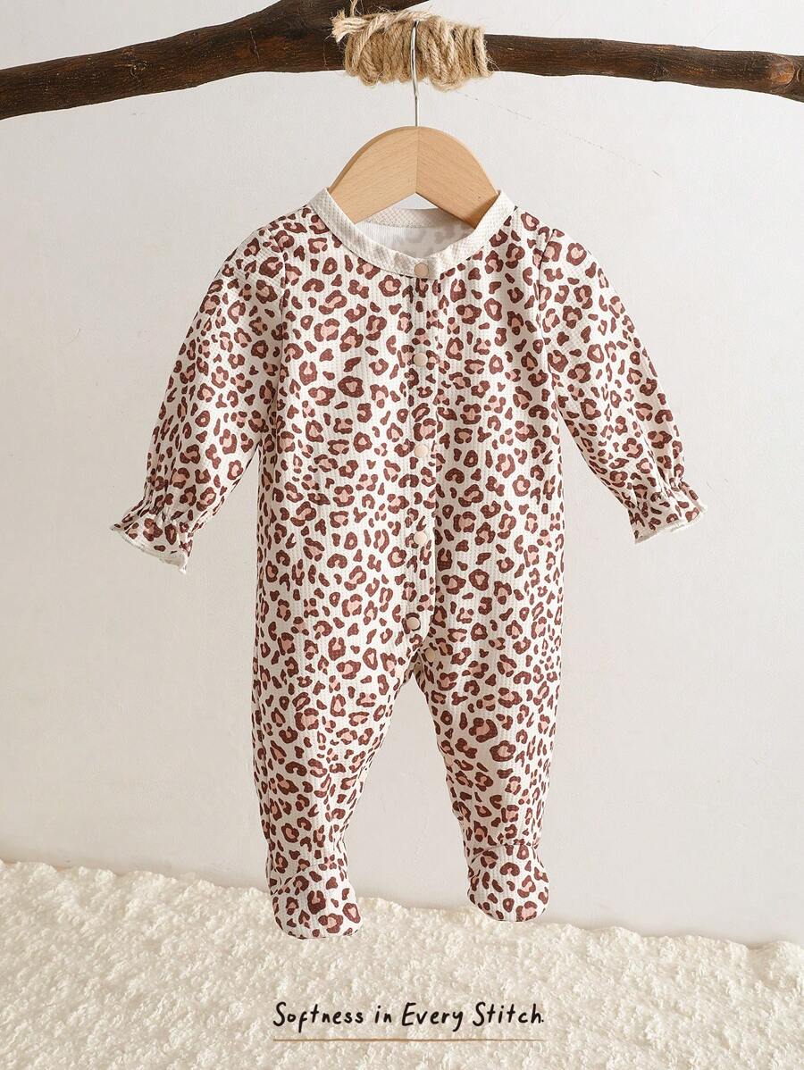 Cozy Pixies Newborn Baby Leopard Print Knitted Soft Crew Neck Long Sleeve Romper Outfit - Multicolor - View 1
