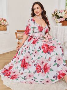 Modelyn Robe midi élégante pour les vacances avec encolure en V, manches courtes à volants, taille plissée et imprimé floral pour femmes grandes tailles