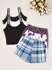 SHEIN 3pcs/Set Cartoon Print Camisole & Shorts Pajama Set - Multicolor - View 2