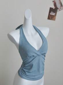 Elamini 时尚亮片系带性感露背吊带上衣 - 淺灰色 - 查看 3