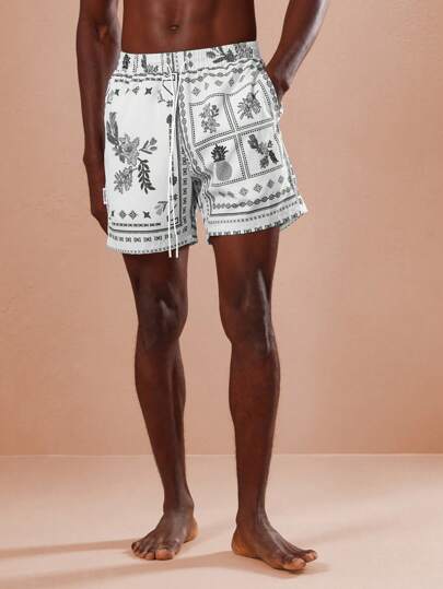 SUMWON 夏威夷夏季沙滩短裤菠萝图案泳裤运动抽绳松紧腰度假休闲泳池度假沙滩装泳装