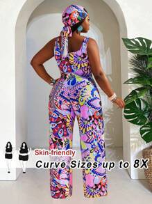 SHEIN CURVE+ 大码花卉印花圆领连体裤，休闲时尚度假装，夏季/乡村/海滩度假装/沙滩装/沙滩装 - 彩色 - 查看 2