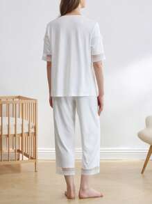 Moonlight&Mama 孕妇短袖哺乳睡衣套装两件装，蕾丝纽扣设计，家居服时尚睡衣 - 白色 - 查看 2