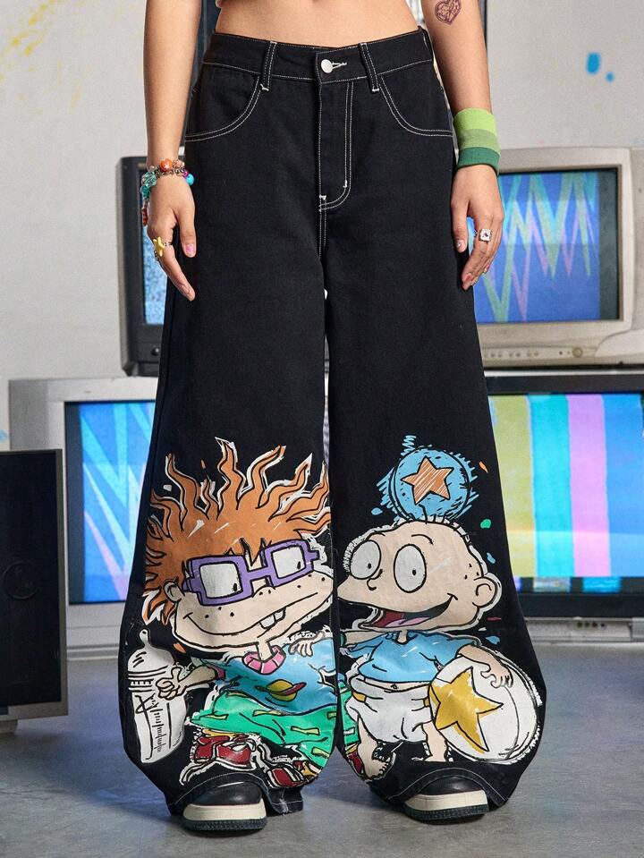 Our Nick 90's X ROMWE Y2K Cute Footprint Print Wide Leg Jeans For