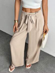 SHEIN PETITE Pantalones de lino con cordón en la cintura de unicolor, estilo "old money", para uso diario, playa y vacaciones. Pantalones de lino para mujer, ropa de mujer para otoño - Caqui - Ver 5