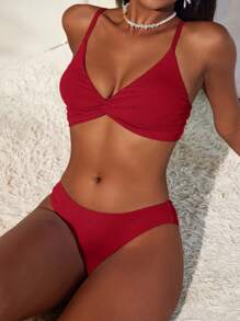 Swim Vcay 女士可调节红色打结抽绳比基尼泳装套装