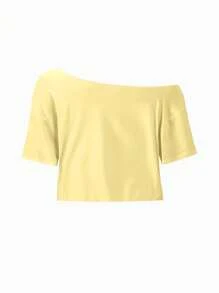 Sweetra Women's Cropped Asymmetrical Neck T-Shirt, Y2K Style, Yellow Cutoff Tee With Ocean Life Seahorse, Starfish, Shell Prints, Asymmetrical Neck Top - Yellow - View 2