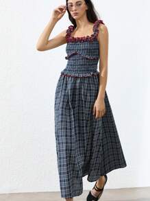 Aveloria Affinna Vintage French Frill Collar Shirred Waist Tiered Flare Hem Contrast Color Maxi A-Line Plaid Dress With Unique Convertible Neckline For Women