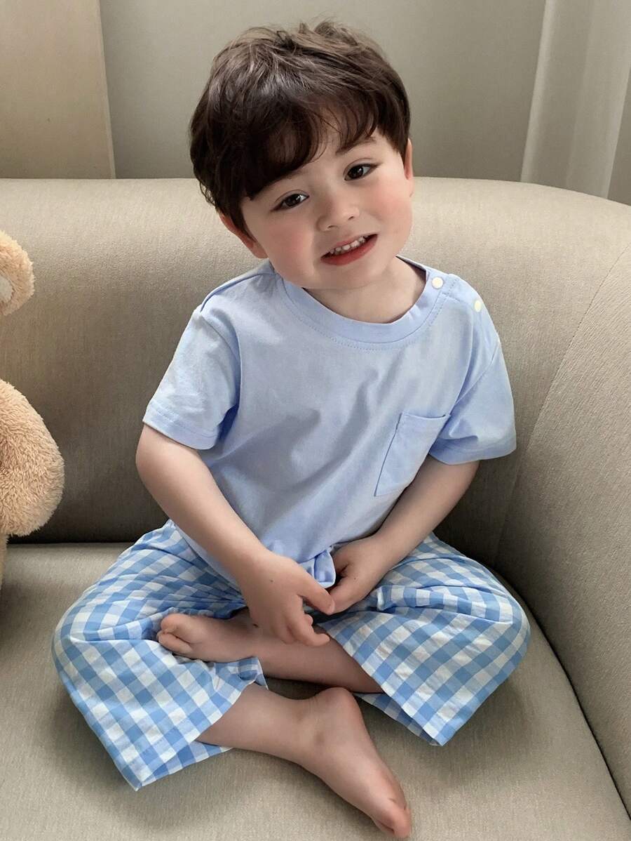 Hapijoa Baby Boy Round Neck Short Sleeve T-Shirt With Plaid Pants Pajama Set, Summer - Blue - View 1