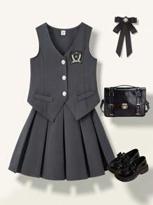 SHEIN Explorewe 2pcs/Set Tween Girls' Formal School Uniform Style Sets, Gray Tone, Academy Style, Spring & Summer - Dark Grey - View 1