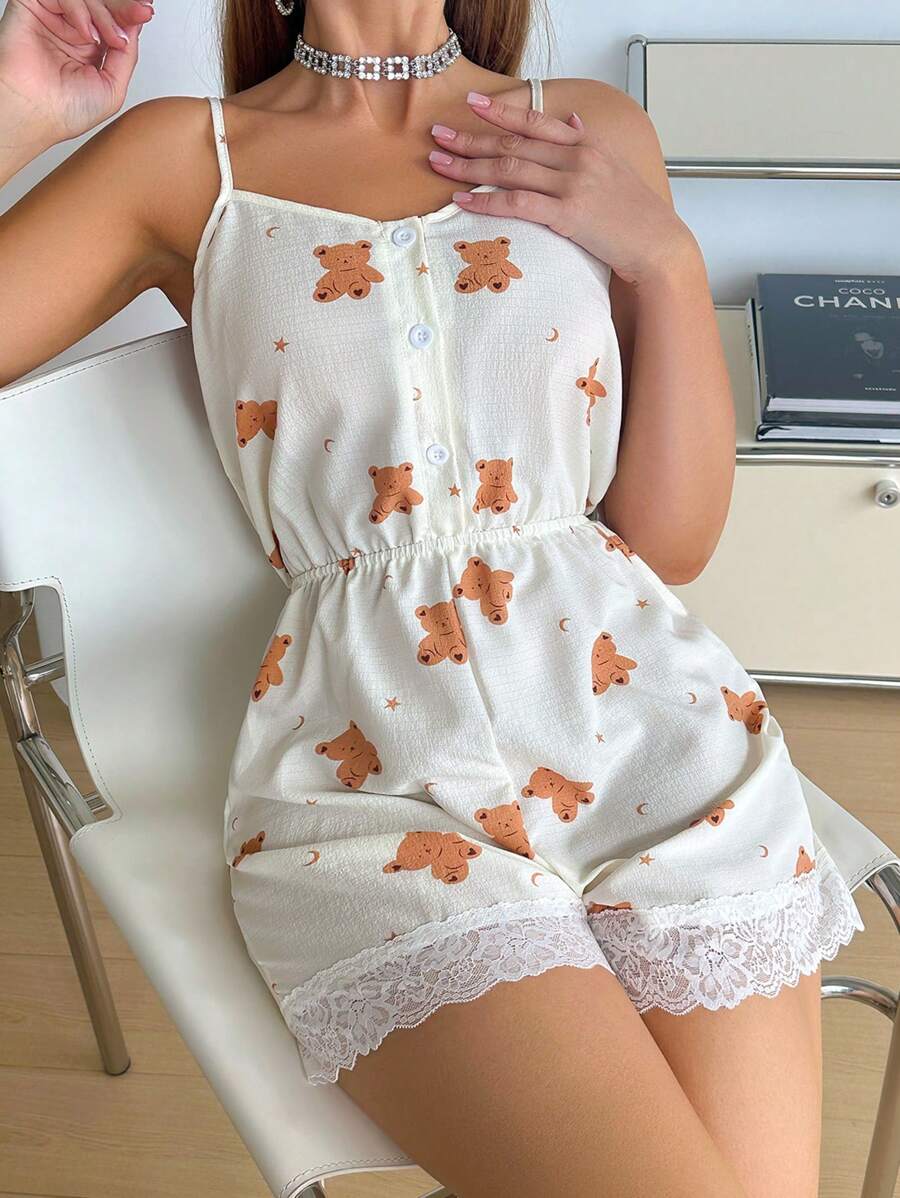 SHEIN 星月熊印花蕾丝边V领连体睡衣 - 米色 - 查看 1