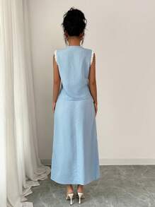 Elenzga 2pcs/Set Lace Trim Sleeveless Waist-Defining High Waist Skirt Set - Blue - View 2
