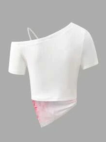 maglietta con spalle scoperte e maniche corte con stampa floreale asimmetrica, per ragazza teenager e mamma, comoda e casual, adatta per uscite quotidiane, dolce e carina