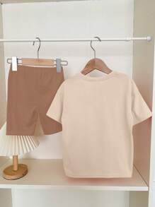 SHEIN Leap Crew 2 件套青少年女孩休闲纯色短袖 T 恤和短裤套装，夏季 - 彩色 - 查看 3