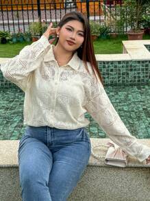 Dazy Plus Blusa blanca holgada de manga larga con cuello de encaje transparente, ropa de vuelta al colegio para tallas grandes - Albaricoque - Ver 7