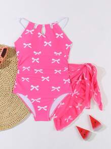 Conjunto informal de 2 piezas de traje de baño de una sola pieza para niña preadolescente con estampado de mariposa conectado con malla - Rosa - Ver 2