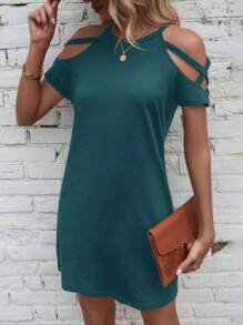 SHEIN LUNE 夏季纯色露肩休闲连衣裙新年衣服 - 水鴨藍 - 查看 4