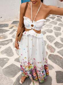 Vivid Eden 女式度假休闲花卉印花吊带连衣裙 - 彩色 - 查看 3