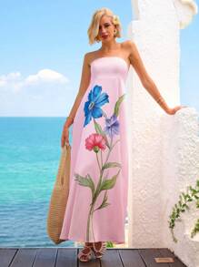 Vivid Eden Women's Summer Pink Floral Tropical Strapless Maxi Dress,Elegant Garden Party Vacation Holiday,Hawaii Beach Outfits,Tea Party Birthday Dress - Multicolor - View 7