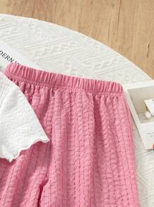 Set de 2 piezas para niñas (tamaño pequeño) que incluye una camiseta texturizada con decoración floral 3D y pantalones casuales largos, adecuado para estar en casa y salidas casuales