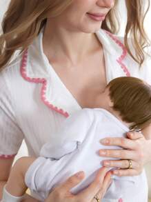 Moonlight&Mama 2 Packs Maternity Short Sleeve Nursing Pajama Set With Button,Lounge Set Fashion Sleepwear - Beige - View 2