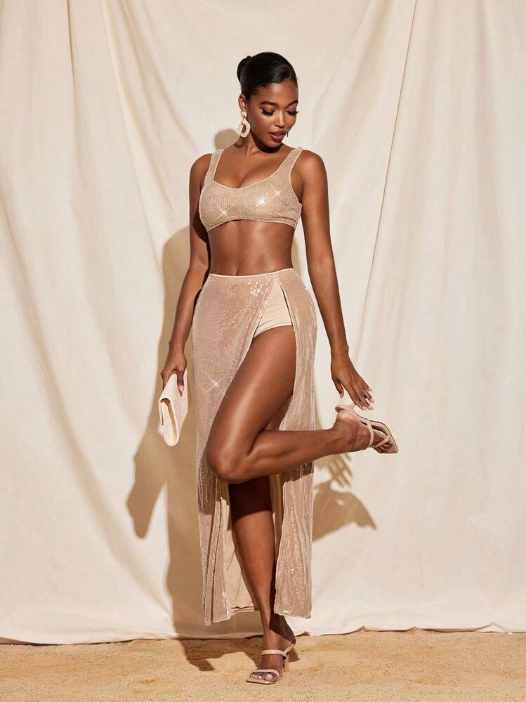 VIOLA AND VESPER 透明亮片方领短款胸罩上衣女士夏季休闲上衣 - 卡其色 - 查看 1