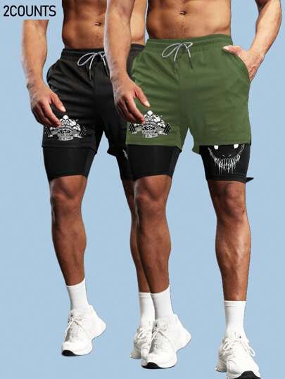 Manfinity Sport Corelite 男式骷髅印花抽绳腰部口袋双层运动短裤