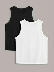 SHEIN 2pcs/Set Tween Boy Casual Comfortable Solid Color Knitted Top, School, Campus, College - Black and White - View 5