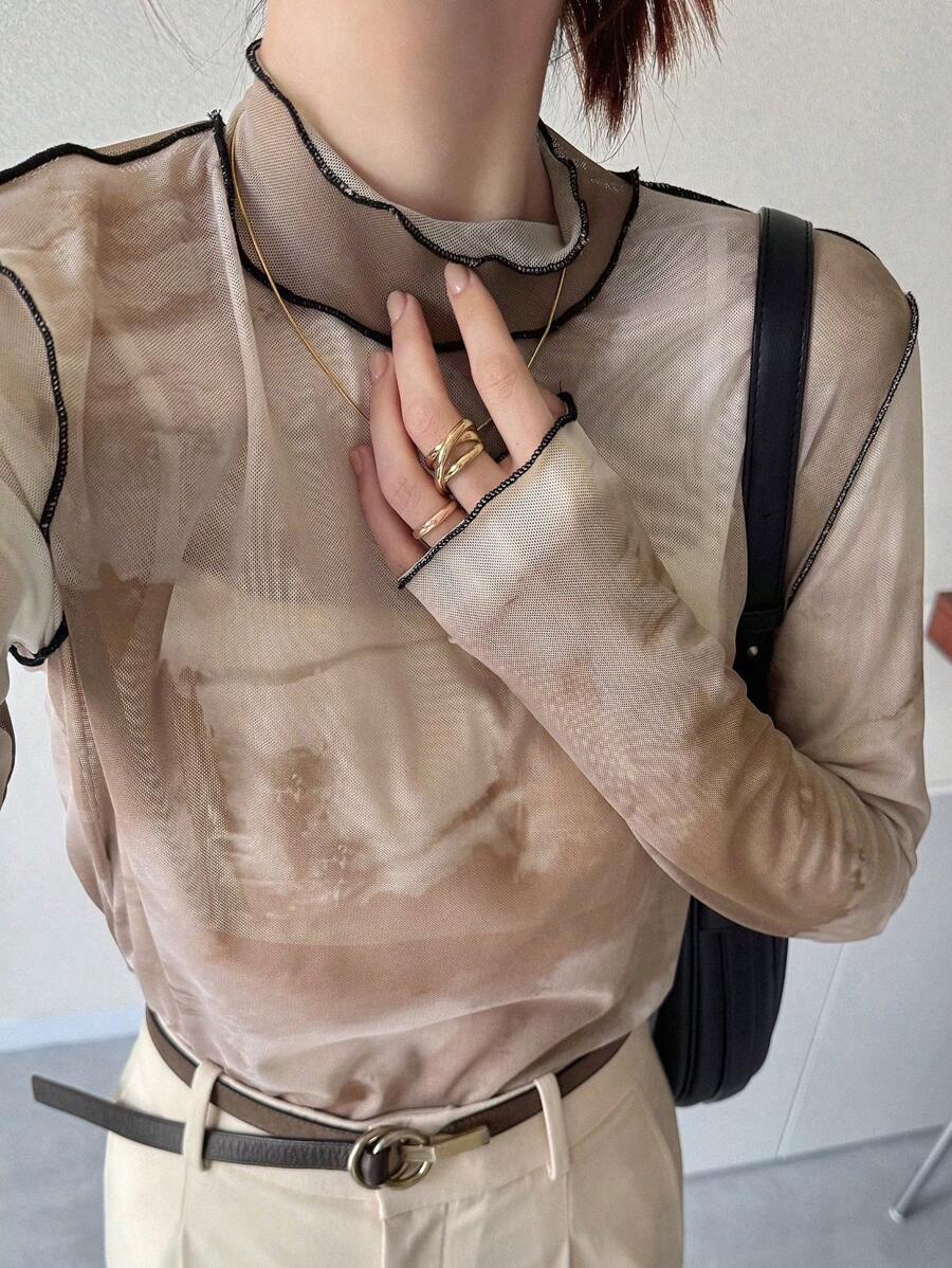 FRIFUL Women's Tie-Dye Sheer Mesh Layered Long Sleeve High Neck Top, Autumn - Khaki - View 1