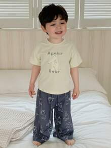 Hapijoa 男嬰卡通印花圓領休閒短袖T恤與卡通長褲睡衣套裝 幼兒 - 米色 - 查看 5