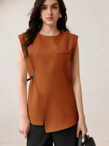 BizChic Camisa de mujer 2025 Verano Nuevo Cuello Redondo Marrón Mangas Cortas Bajo Asimétrico Decorado con Botones y Cinturilla, Vestimenta Casual de Oficina Elegante para Vacaciones de Playa, Boda, Festival de Música, Brunch, Aeropuerto, Estilo Vintage 90s Escandinavo Americana