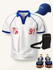 SHEIN 1 件青少年男孩休闲运动数字印花针织 Polo 衫，短袖，夏季新品