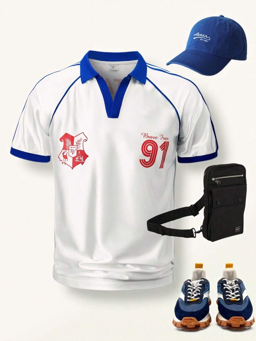 SHEIN 1 件青少年男孩休闲运动数字印花针织 Polo 衫，短袖，夏季新品