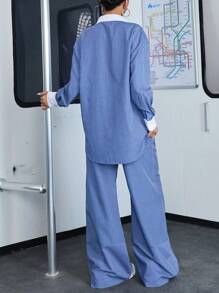 女士休闲宽松长袖衬衫和阔腿裤两件套 - 藍白色 - 查看 3